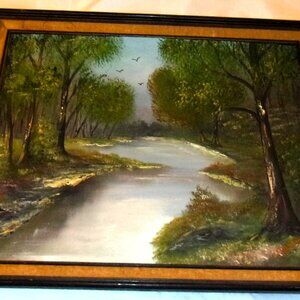 Fantastic Antique River & Trees Signed Landscape Framed Painting